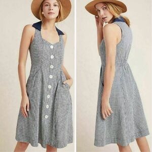 HTF Anthropologie Navy Blue Linen Cotton Gingham Camellia Collared Dress Size 10